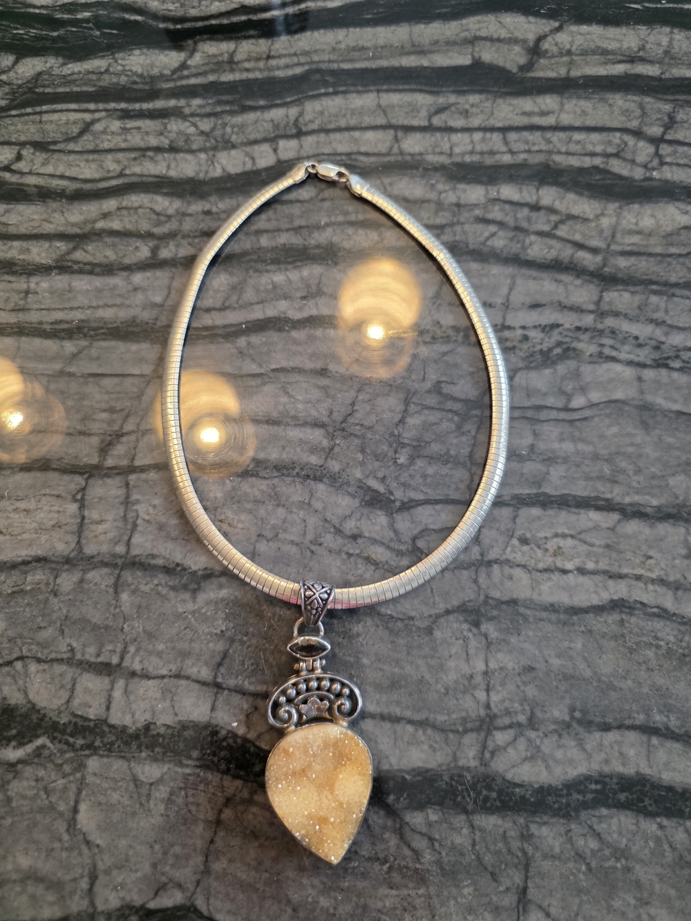 925 Solid Silver Necklace with Champagne Druzy Teardrop Pendant